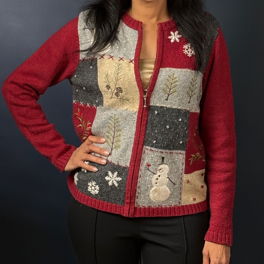 Size small women’s ugly Christmas sweater with snowman snowflakes cardigan